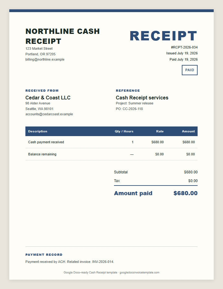 Google Docs Cash Receipt Template preview showing client details, itemized services, payment terms, and total due
