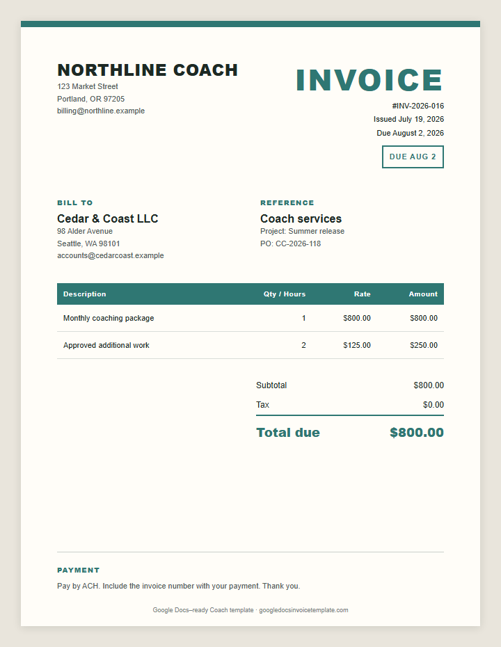 Coach Invoice Template preview showing client details, itemized services, payment terms, and total due