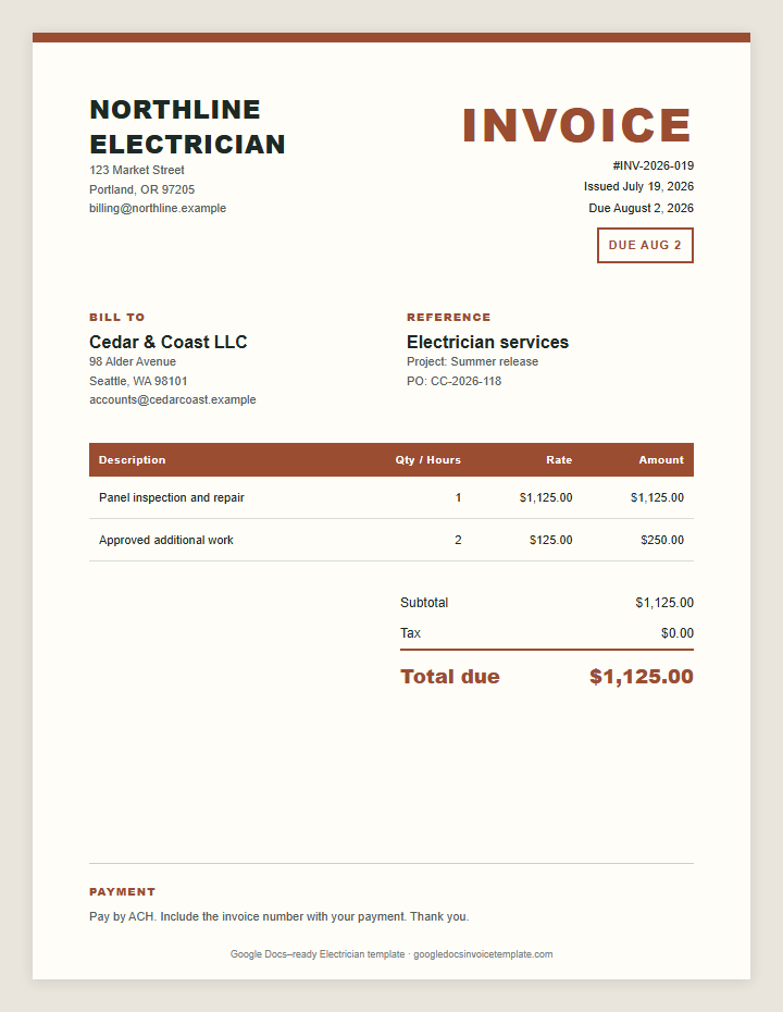 Electrician Invoice Template preview showing client details, itemized services, payment terms, and total due
