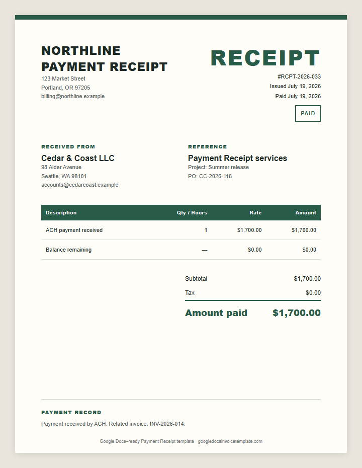 Google Docs Payment Receipt Template preview showing client details, itemized services, payment terms, and total due
