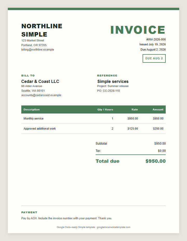 Simple Invoice Template preview showing client details, itemized services, payment terms, and total due